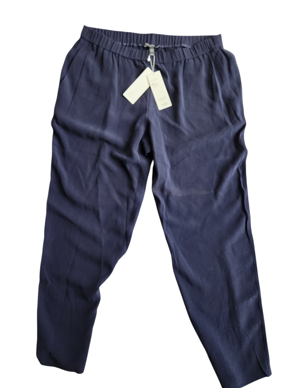 NWT Eileen Fisher 100% Silk Georgette Crepe Pants Large Petite Navy Blue Pockets